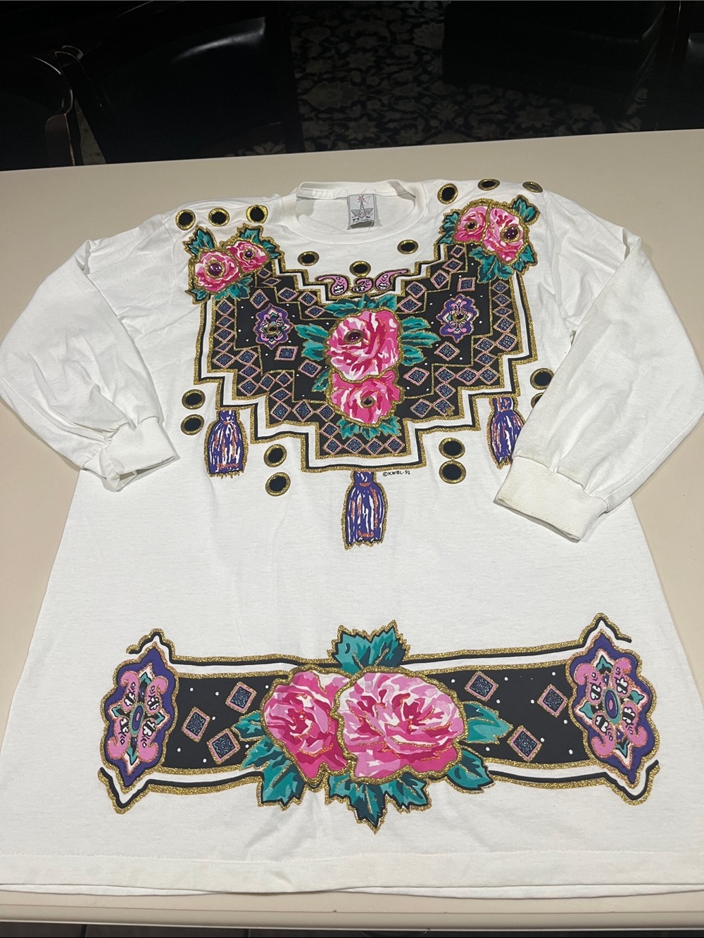 Embellished Floral White Long Sleeve Tee
